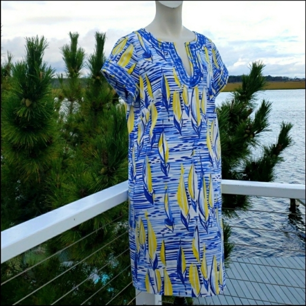 Pappagallo Tori Sailboat Shift Dress Royal Blue/Yellow/White, Lined, Size 14